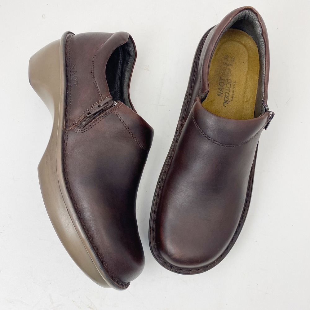 Naot Brown Leather Side Zip Platform Wedge Clog Shoes Womens 8 EU 39 Brown